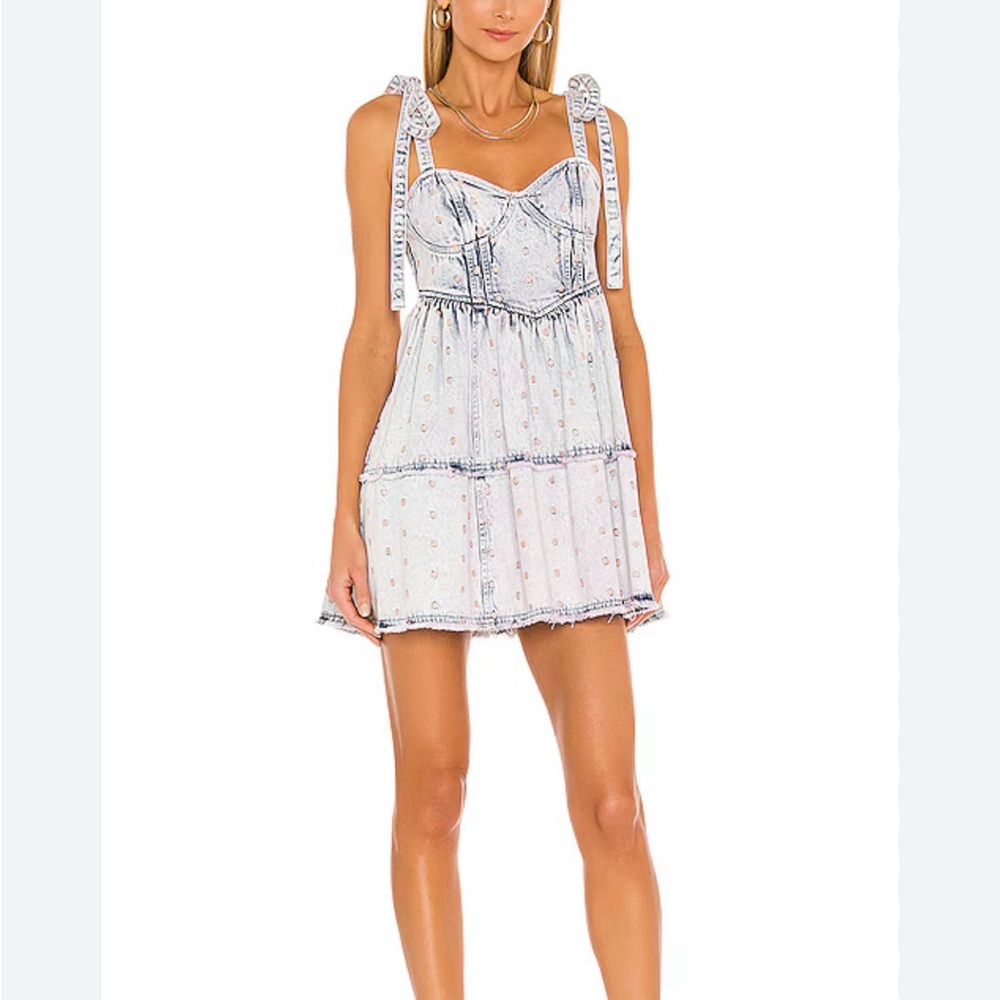 LoveShackFancy Dorna Denim Mini Dress with Bow Straps